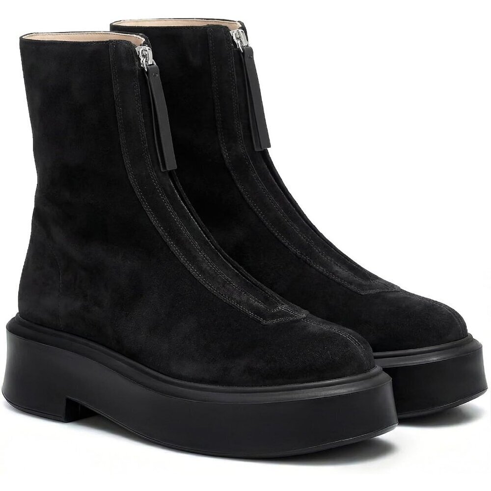 Women's Black Sued Leather Platform Chelsea Boots Front Zip Chunky Combat Bootie